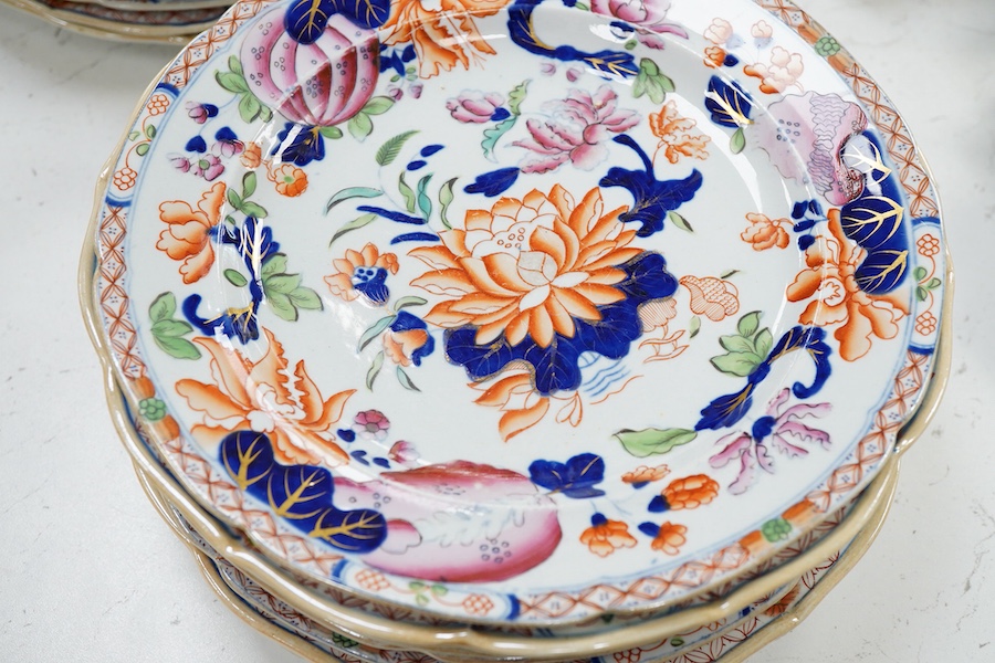 A Mason’s ironstone Japan pattern dessert service, c.1820, comprising dishes, plates and a centrepiece, largest 36cm wide